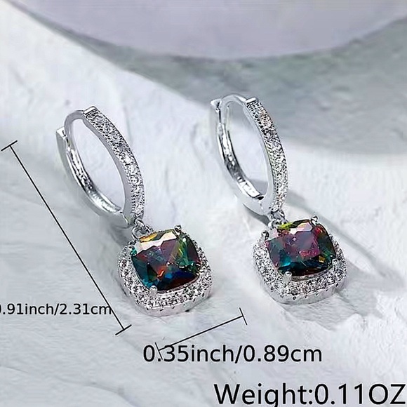 Mystic Topaz White Gold Plated Square Cut Zircon Dangle Earrings - Picture 7 of 7